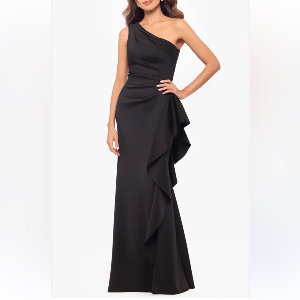 Xscape Evenings One-Shoulder Ruffle Scuba Crepe Gown